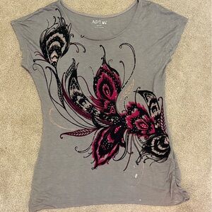 Apt. 9 Grunge Gray and Pink Rhinestone Top with Pink and Black Design